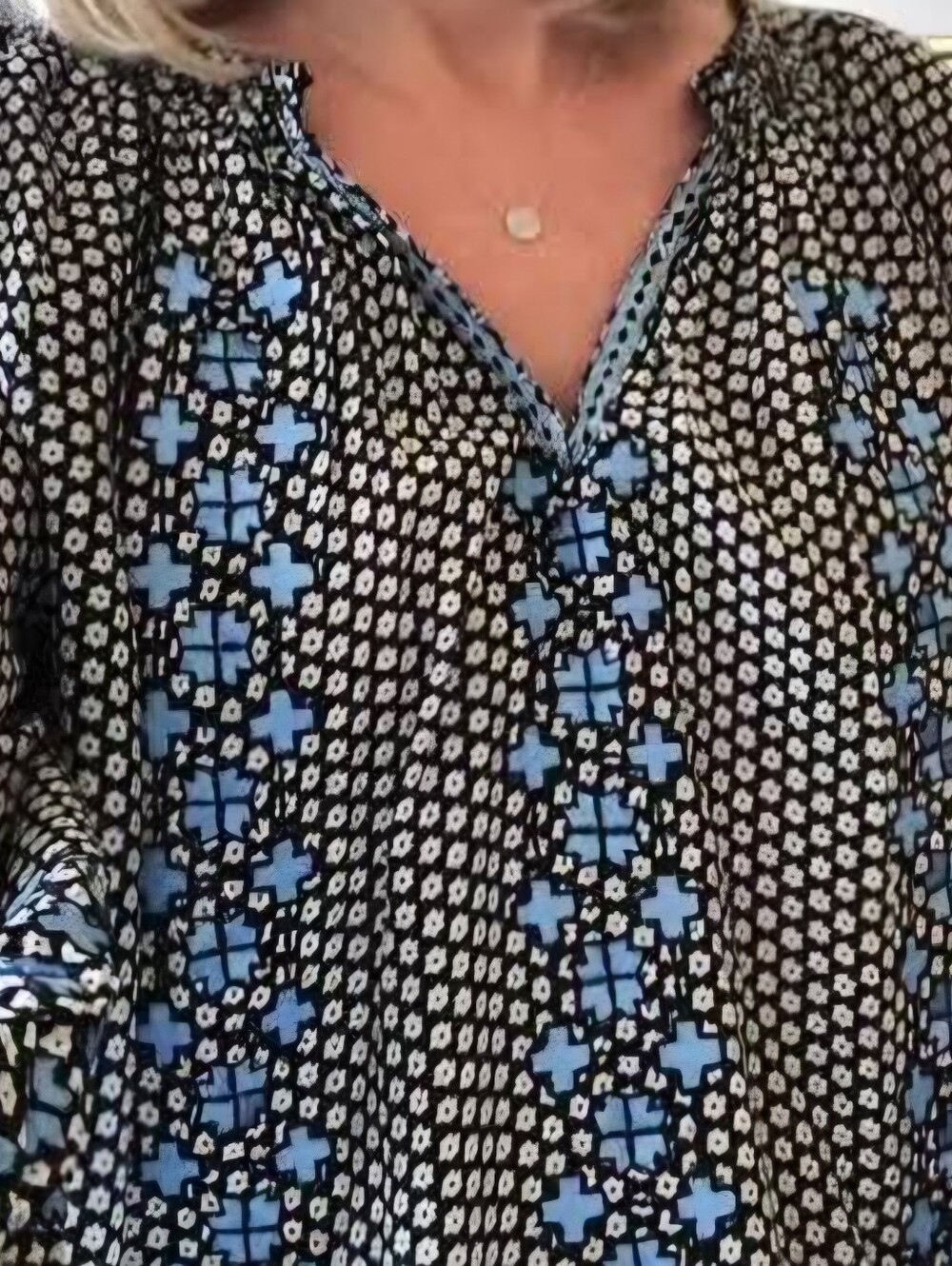 Rungolee Rare Silk Boho Smocked Blouse Shiny Blue Cross Embroidered M